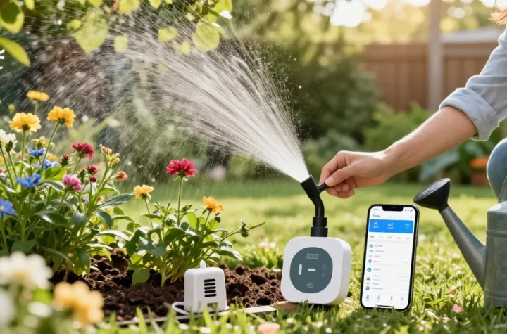 Garden scene featuring the rainpoint sprinkler timer in action alongside blooming plants and a smartphone app for smart irrigation.