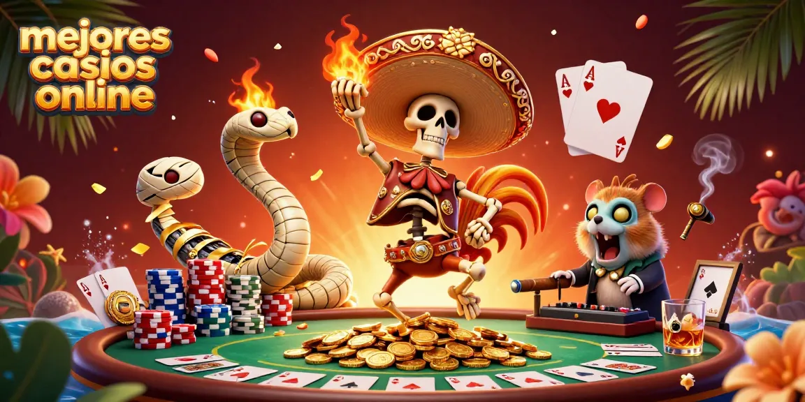 Animación vibrante de personajes jugando en los mejores casinos online repleta de detalles de póker.