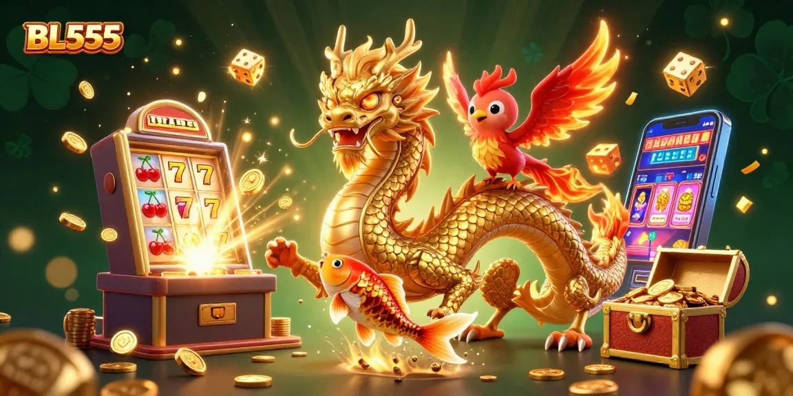 Engage in thrilling action at BL555 with a fierce golden dragon and vibrant game elements.