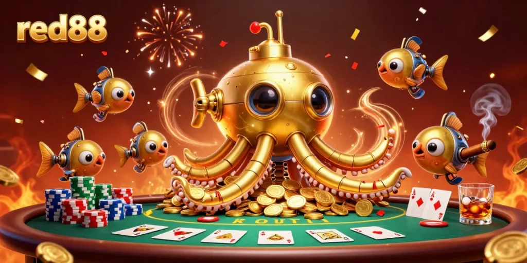 Engage with red88's 3D cartoon scene showcasing a kraken submarine amidst poker action and golden coins.