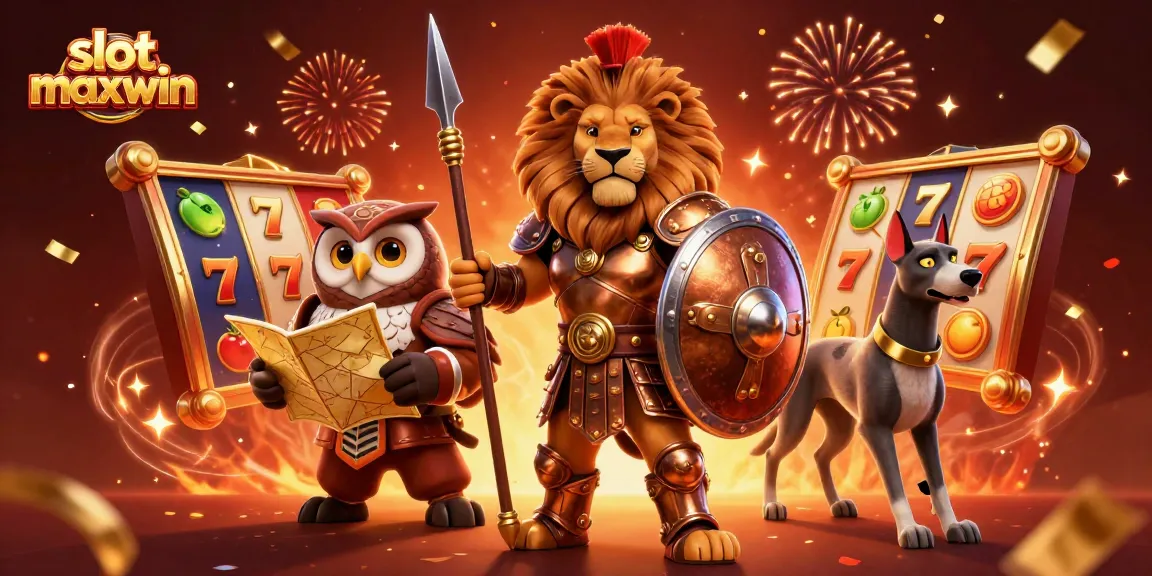 Spin for jackpot wins at slot maxwin, featuring vibrant 3D characters and festive gaming elements.