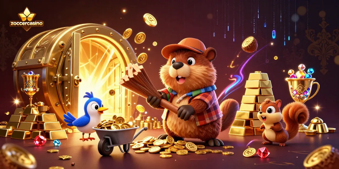 Discover zoccercasino's exciting world where a cartoon beaver collects golden coins in a vibrant gaming scene.
