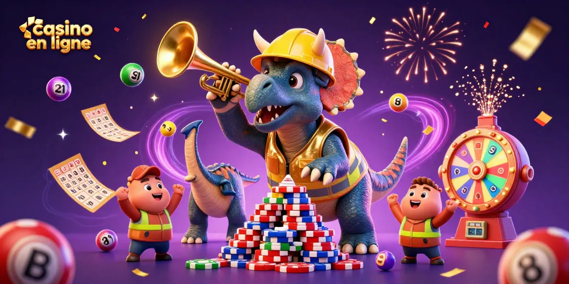 Rassemblez-vous autour du casino en ligne avec des personnages animés et des billets d'or.