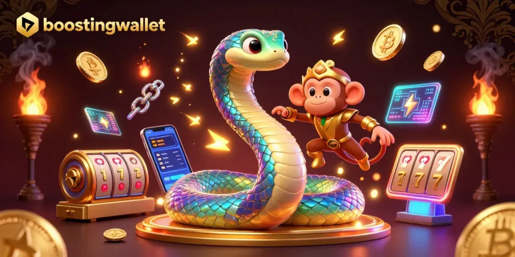 Engage with boostingwallet's vibrant casino-themed illustration featuring a rainbow serpent and crypto elements.