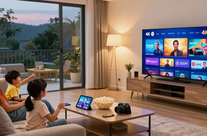Test IPTV 24h, famille profitant de la télévision 4K dans un salon moderne