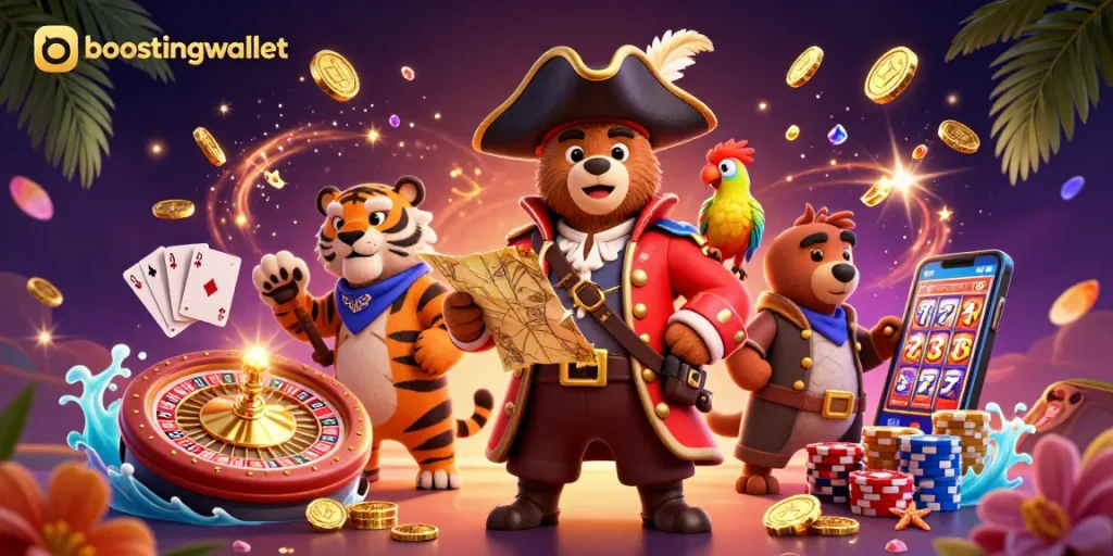 Boostingwallet casino adventure with a pirate bear, tiger, and golden coins flying.