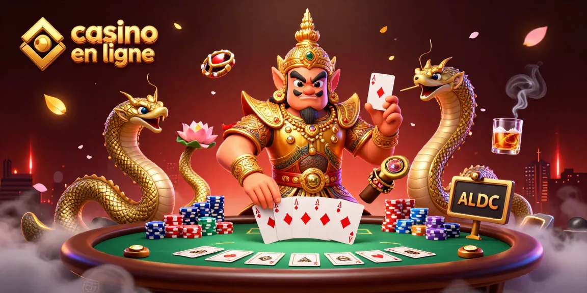 Illustration captivante de casino en ligne avec des personnages de garde thaï et éléments de jeu.