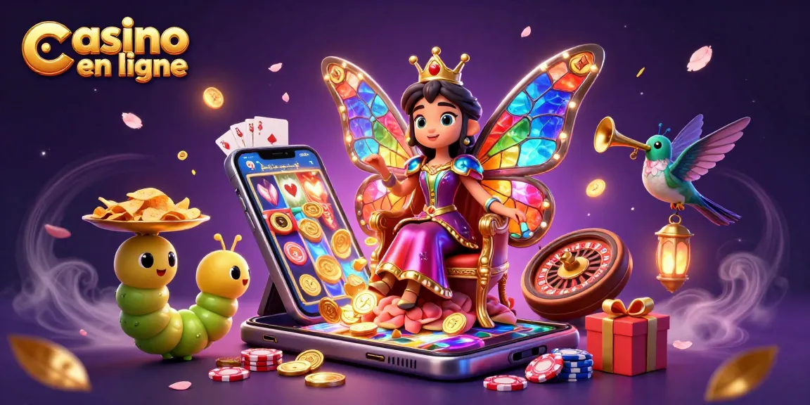 Illustration d'une reine papillon dans un casino en ligne, entourée de jetons et de jeux.