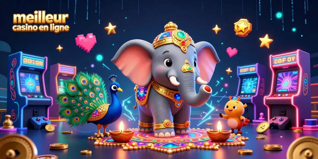 Entrez dans l'univers du meilleur casino en ligne avec un éléphant Diwali décoré et des jeux colorés.