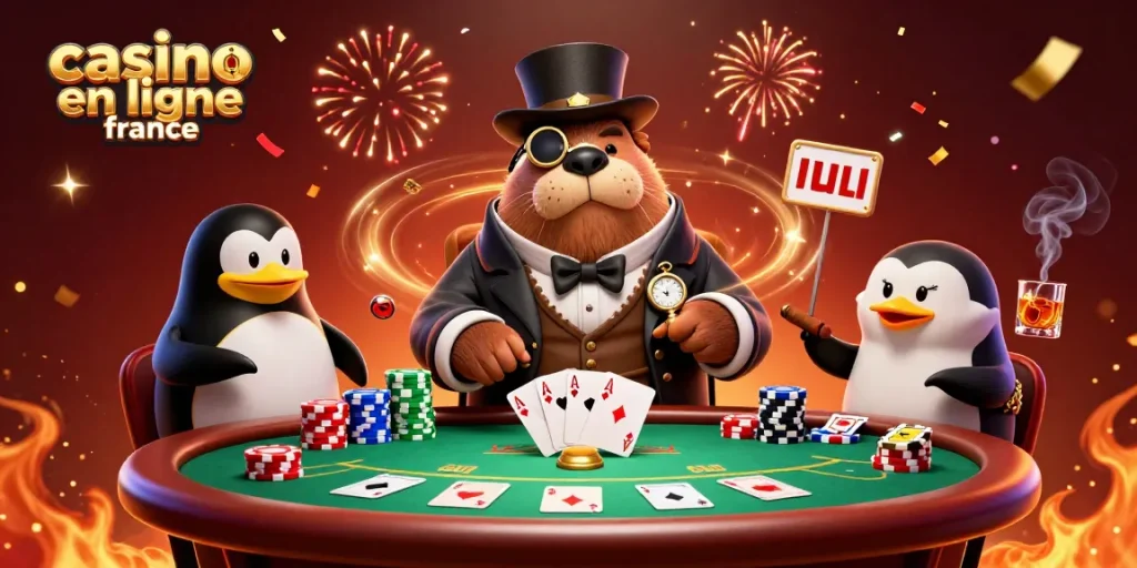 Une illustration 3D représentant le morse jovial à la table de poker montrant des cartes à une table de casino en ligne France.