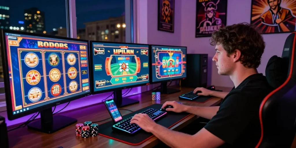 Experience link alternatif raja328 with vibrant online gaming atmosphere, user engaged in immersive casino games.