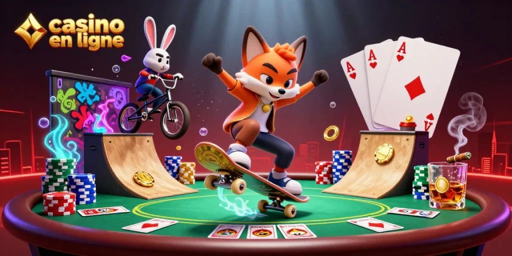 Le casino en ligne prend vie avec un renard skateur et un lapin BMX, entourés de jetons et de cartes de poker.