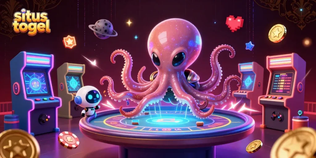Engage with situs togel through a lively 3D scene featuring an alien octopus at a holographic poker table