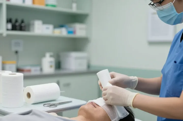 Healthcare professional applying medical gauze to a patient in a clinical setting