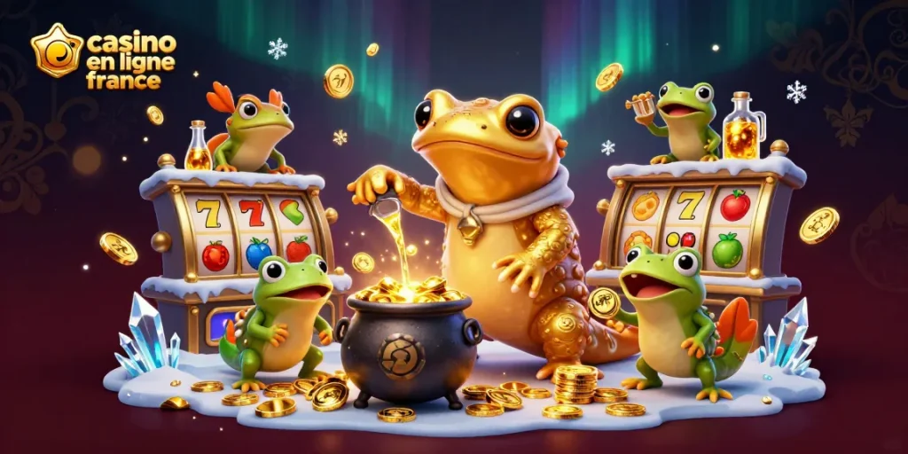 Illustration dynamique de casino en ligne France, mettant en scène des personnages fantastiques et des éléments de jeu captivants.