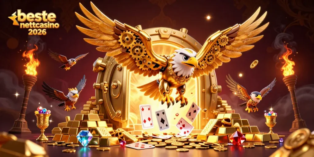 Opplev actionen i beste nettcasino 2026 med en gylden ørnerettning i en jackpot-scene full av skatter.