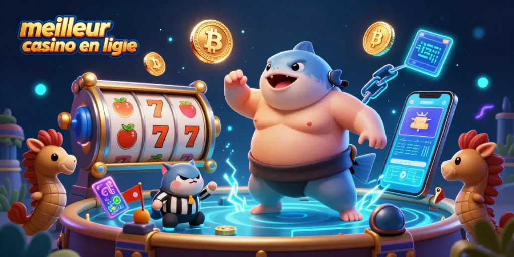 Venez découvrir le meilleur casino en ligne avec un fugu extravagant entouré de symboles et d'objets de jeu mélangeant crypto et machines à sous.