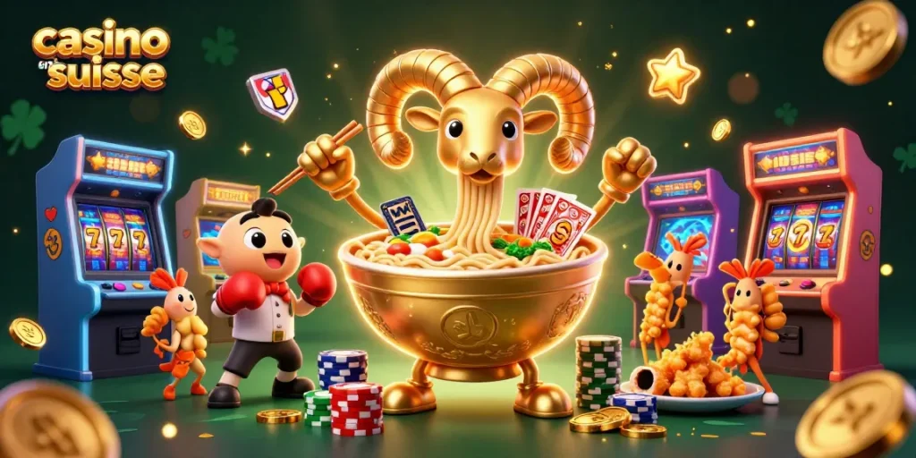 Les personnages de casino en ligne suisse s'affrontent dans un environnement ludique rempli de machines à sous colorées.