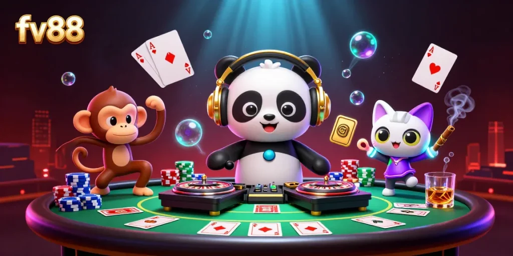 Experience the excitement of fv88 with this vibrant casino scene of gaming characters and rich atmosphere.