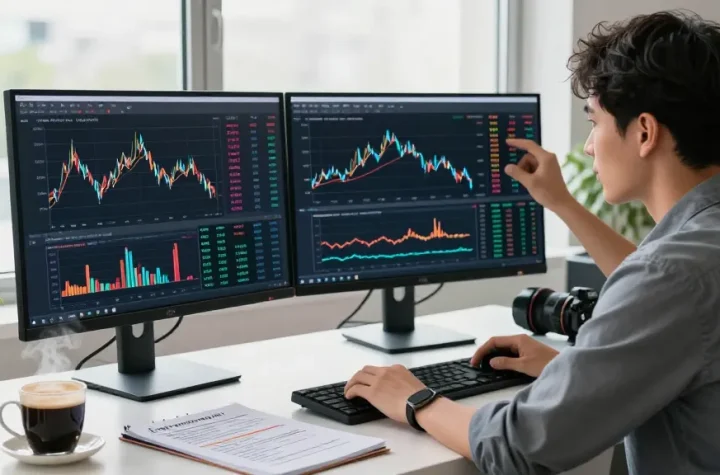 Young professional analyzing charts with the NAGA2000 trading interface in a modern home office.