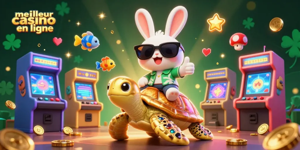 Illustration 3D d'un casino en ligne mettant en avant le meilleur casino en ligne avec un lapin chanceux et une tortue dorée.