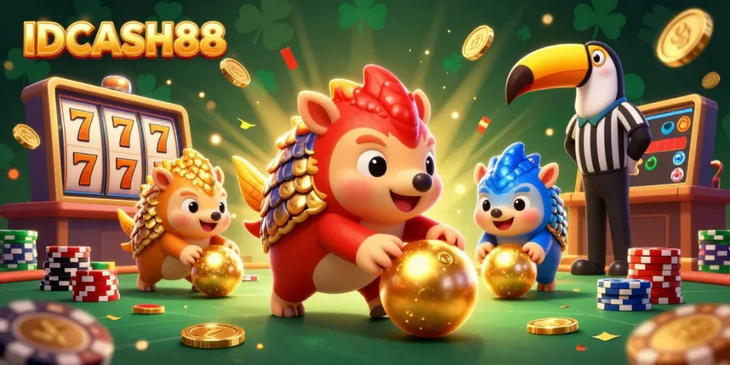Experience thrilling gameplay with IDCASH88's dynamic slot action featuring vibrant pangolins and dazzling casino elements.