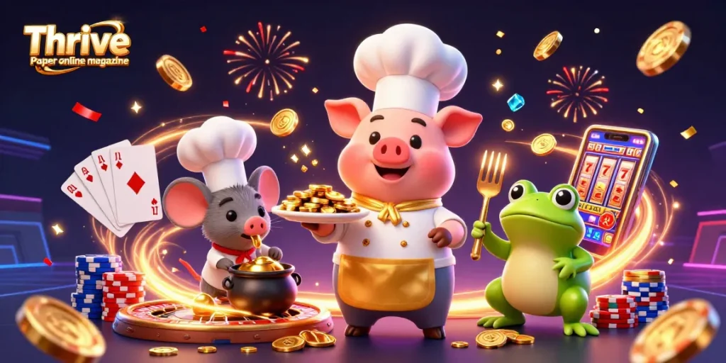 Engaging scene with a chef pig serving coins, illustrating Thrive Paper online magazine's casino themes.