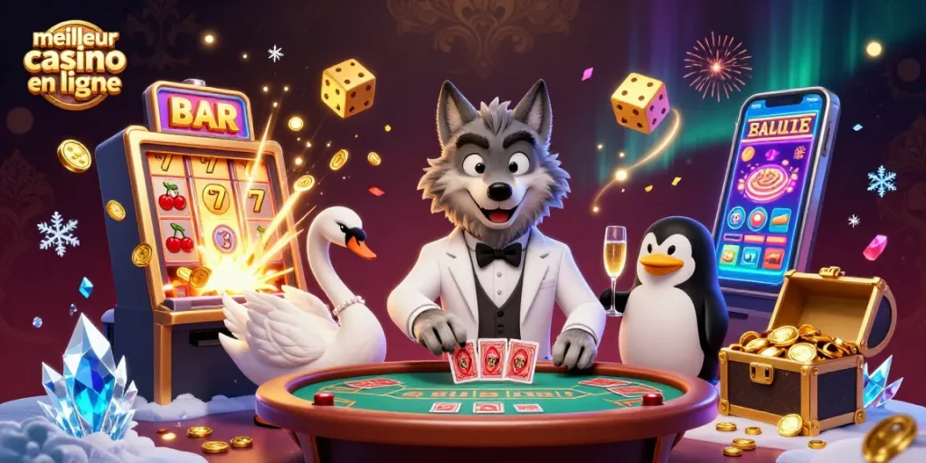 Illustration dynamique du meilleur casino en ligne avec un loup élégant jouant à la baccarat et un cygne dealer de cartes.