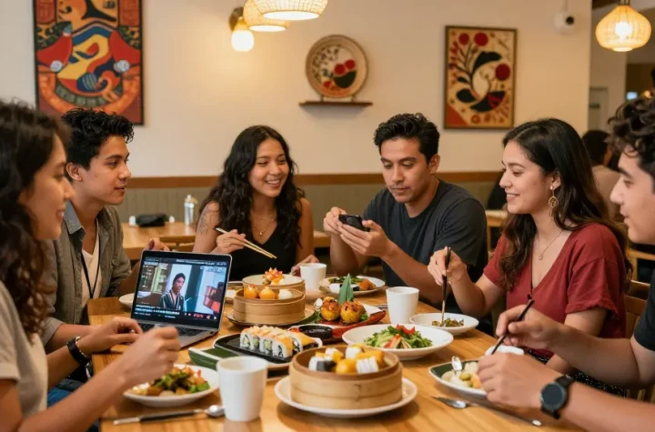 Friends engaging over Asian cuisine at https://hanadultalk.com, celebrating culture and community.