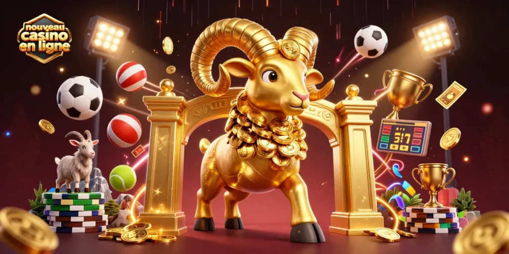 Illustration animée d'un nouveau casino en ligne avec un bélier doré. Inscription au-dessus illustrant la mise en jeu.