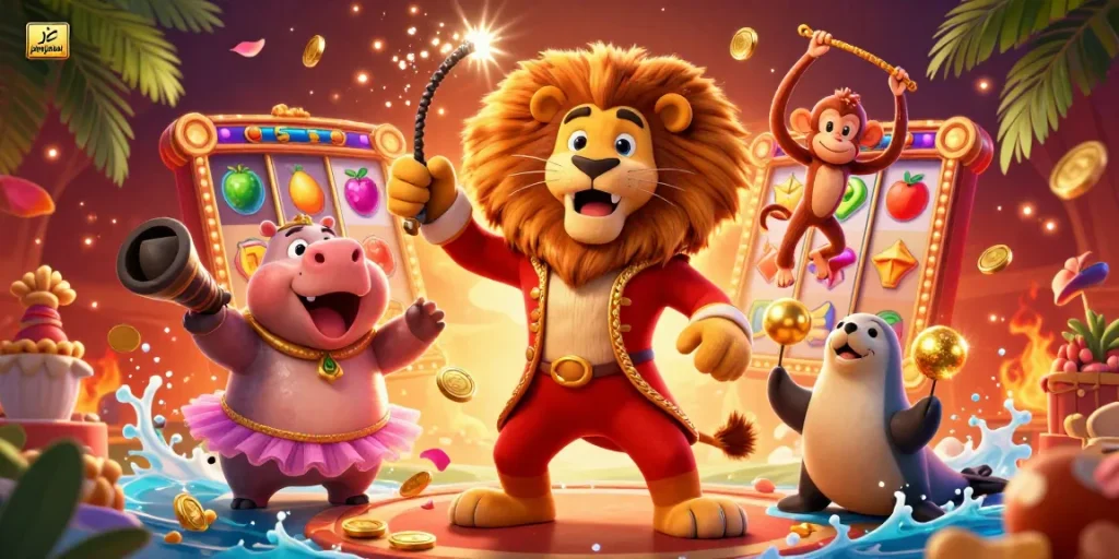 Experience janjislot in a dazzling casino scene with a ringmaster lion and vibrant slot reels.