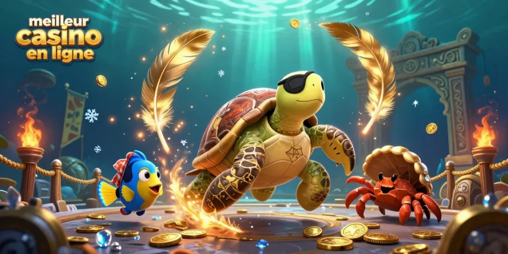 Plongez dans l'univers du meilleur casino en ligne avec cette illustration colorée de tortue pirate et ses amis.