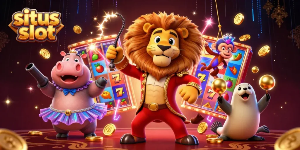 situs slot game illustration featuring lively characters and slot reels bursting with energy.
