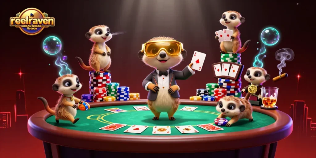 Visuel dynamique de l'opération de casino des suricates, illustrant la licence du casino ReelRaven.