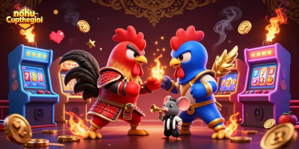 Experience an exciting nohu-cupthegioi showdown with fighting roosters and vibrant casino elements.