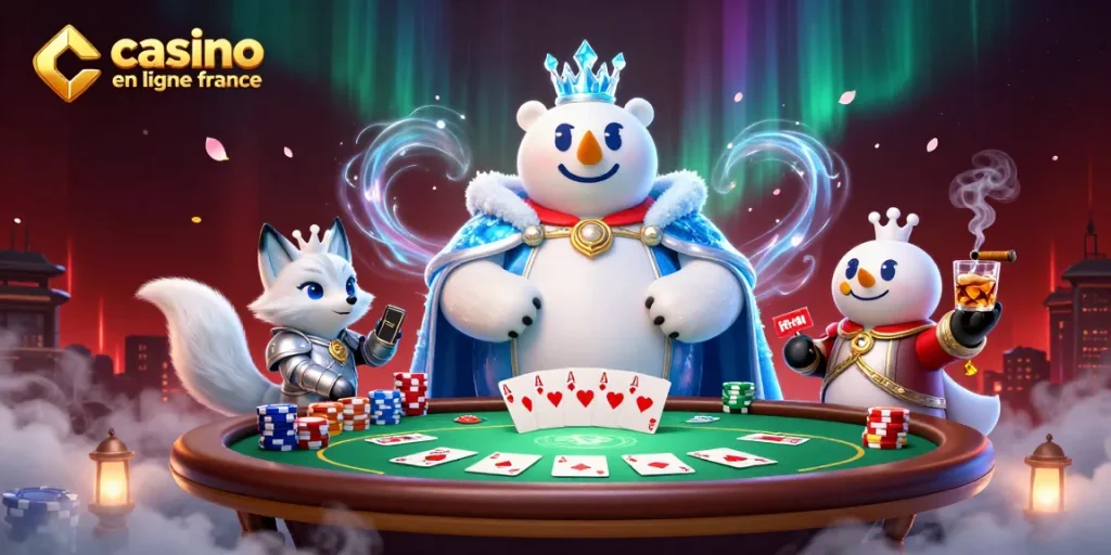 Illustration dynamique représentant l'univers du casino en ligne France avec un ours polaire royauté.