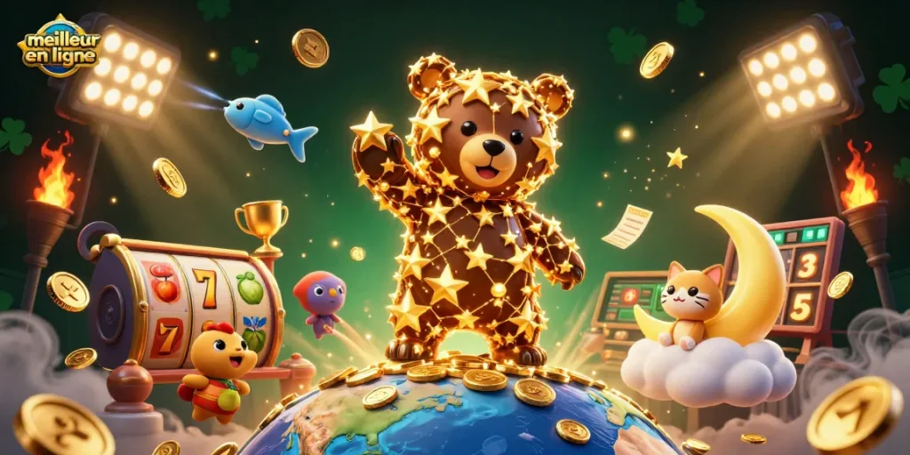 Meilleur casino en ligne avec une illustration captivante d'un ours constellation et des éléments de jeu scintillants.