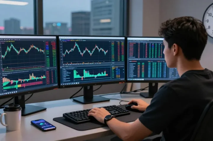 Trader using MetaTrader 5 in a high-tech workstation setting, displaying live market analysis and charts.
