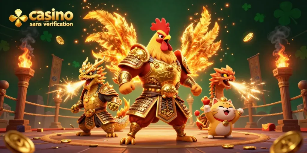 Jouez dans un casino en ligne sans vérification avec un combat de guerriers colorés et des effets de jeux d'argent.
