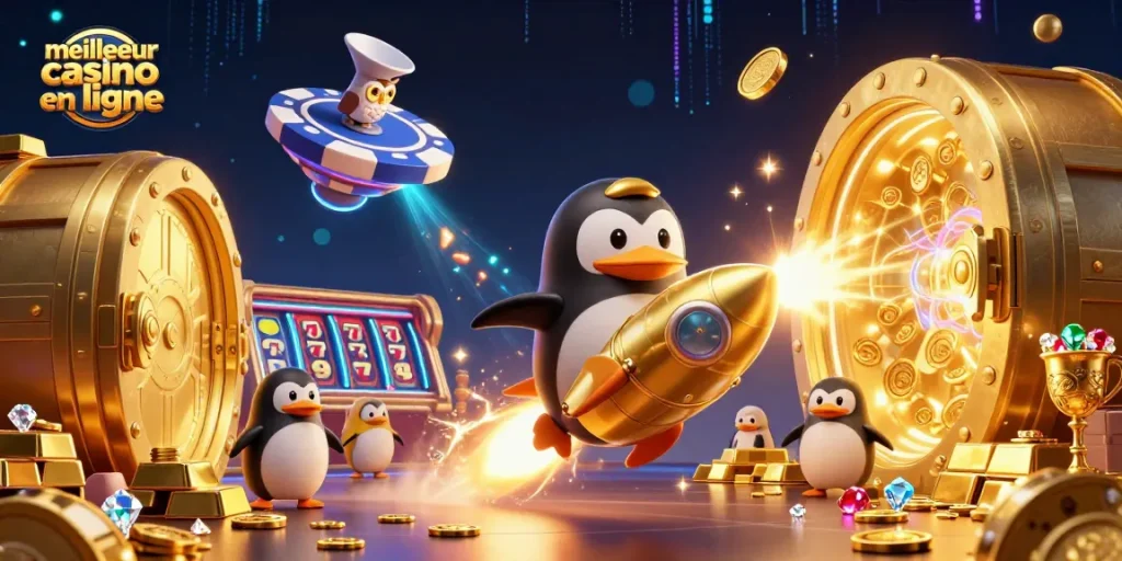Gagnez des jackpots au meilleur casino en ligne avec un pingouin doré et des trésors scintillants.