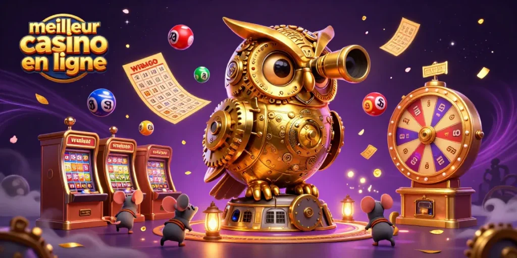 Découvrez le meilleur casino en ligne avec une illustration captivante d'une chouette d'or et des éléments dynamiques.
