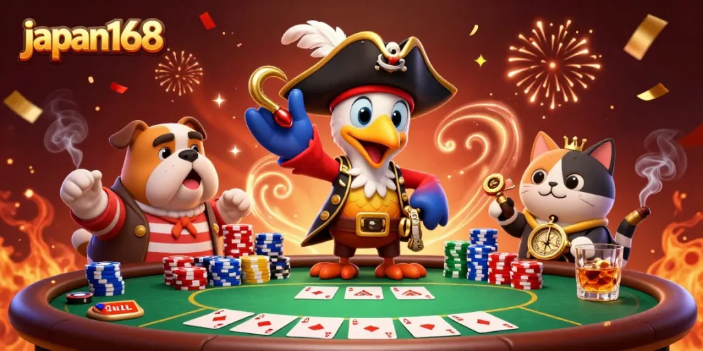 Experience thrilling moments at japan168 casino with our cartoon pirate captain and friends playing poker.