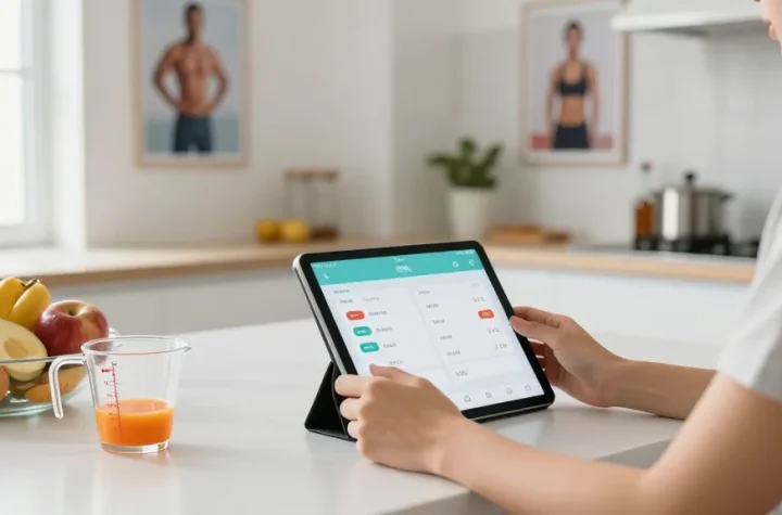 Using the best macro tracker app in a bright kitchen filled with healthy ingredients.