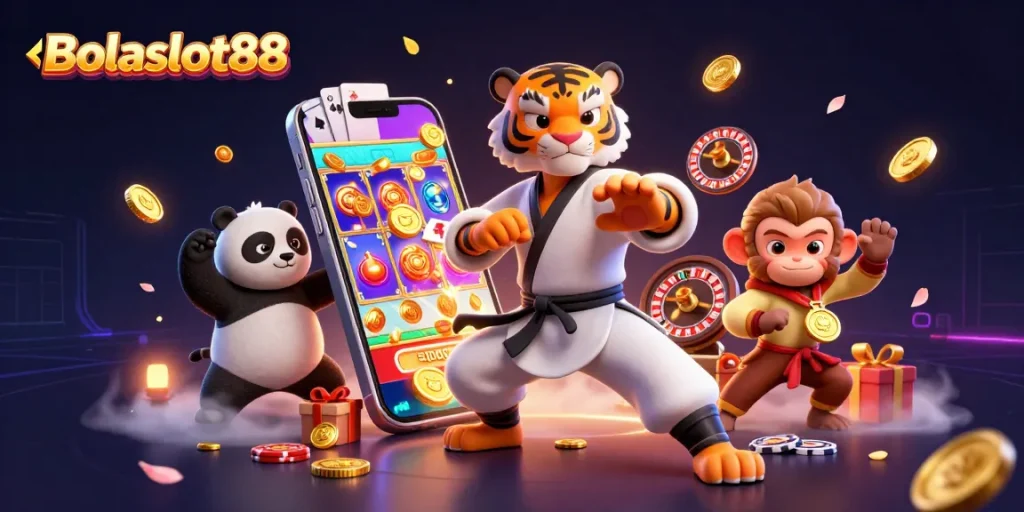 Bolaslot88 invites players to win big with an engaging 3D casino scene featuring colorful slot games and dynamic characters.