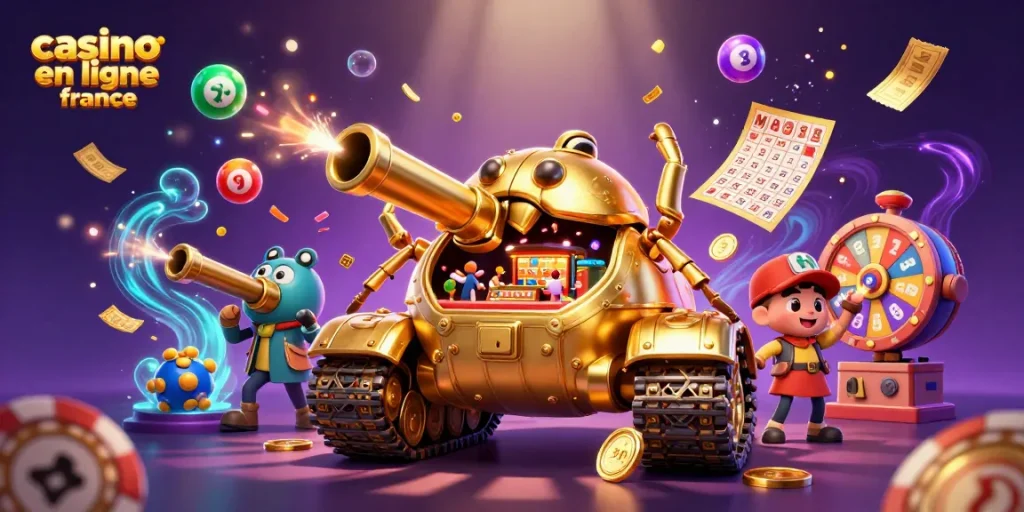 Profitez du casino en ligne France avec une illustration 3D de machine à sous animée et festive.