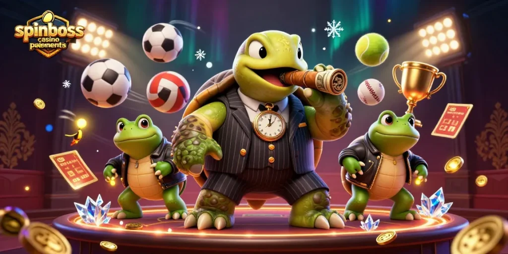 Illustration dynamique des paiements casino SpinBoss avec tortue, grenouilles et éléments de jeu.