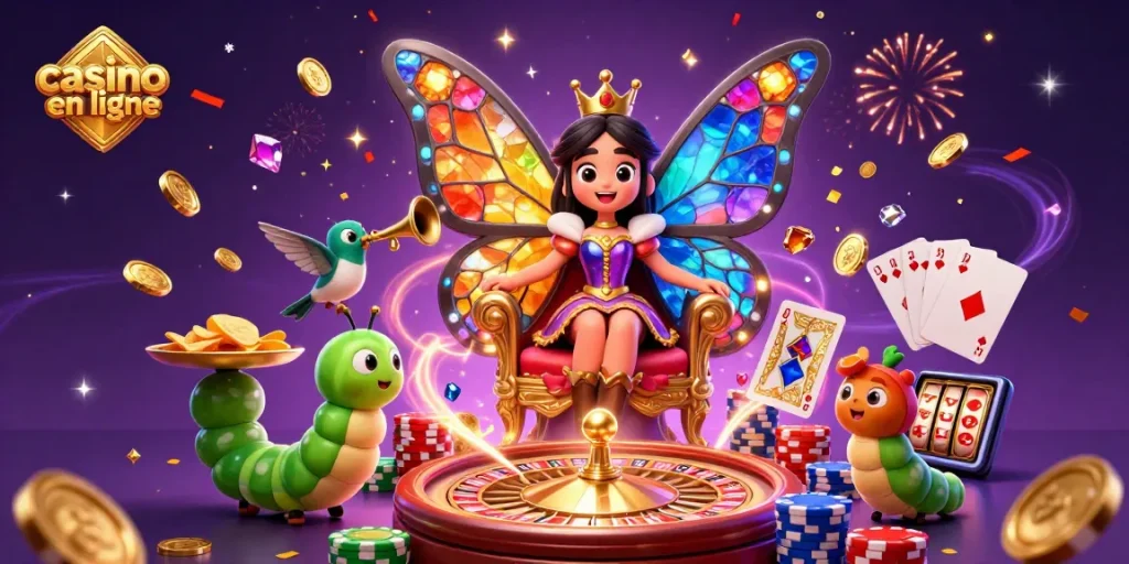 Gagnez avec des jeux de casino en ligne en admirant la reine des papillons et ses serviteurs.
