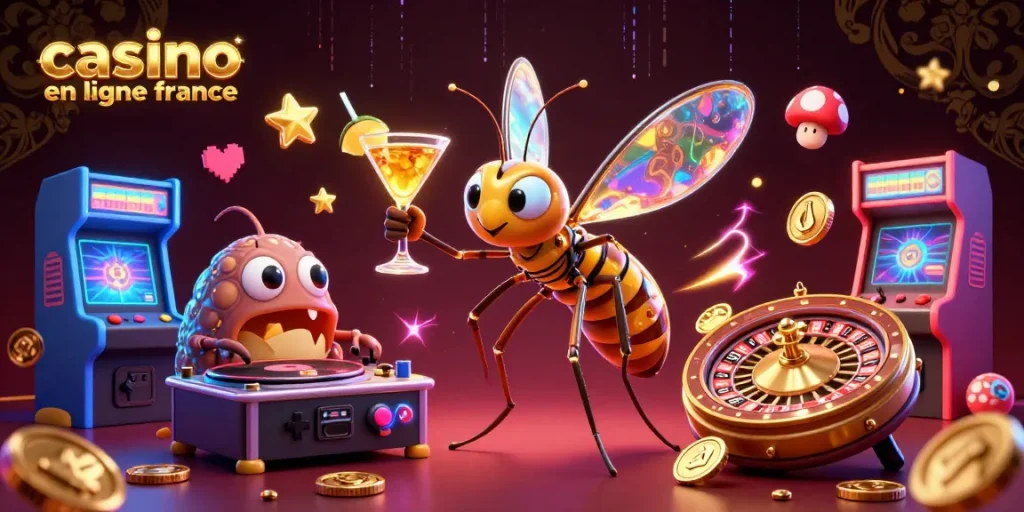 Illustration dynamique du casino en ligne France, mettant en scène une mascotte mosquito et un DJ trilobite.