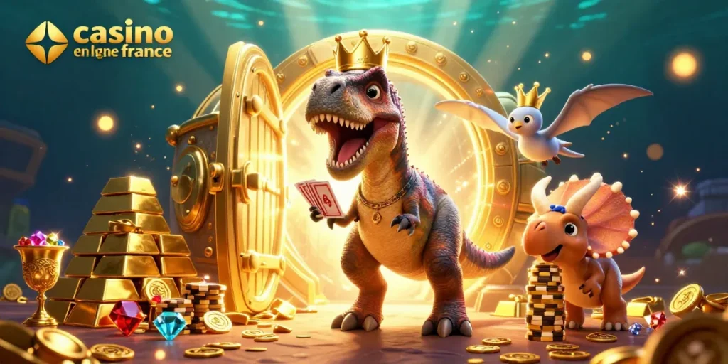 Casino en ligne France : découvrez un univers ludique avec un T-Rex, des cartes et des jetons d'or.