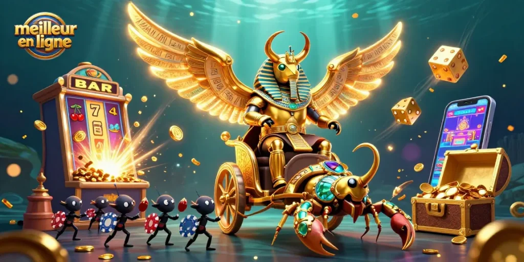 Visualisez le meilleur casino en ligne avec un scarabée doré colossal et des éléments de jeu captivants.